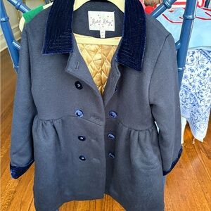Rachel Riley Midnight Blue Velvet Trim Girls Dress Coat